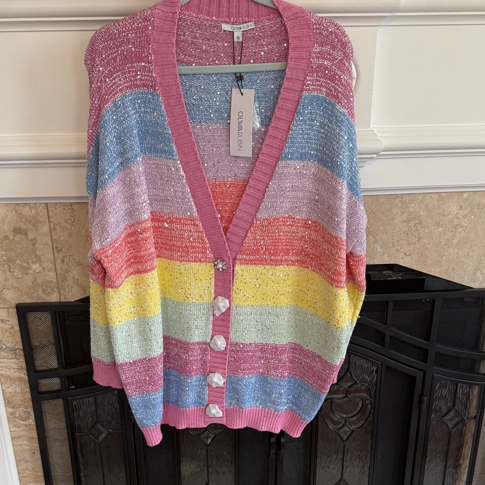 Olivia Rubin Rainbow Pastel Cardigan Chunky Knit Sparkle Button Sweater NWT